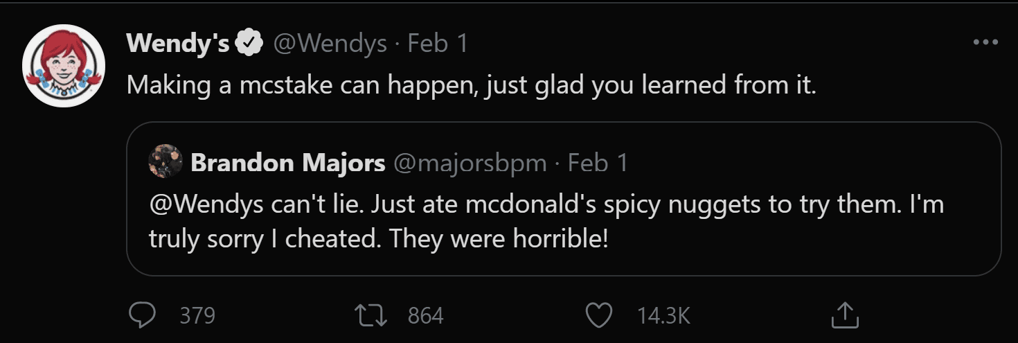 Wendy's uses Twitter to sarcastically engage with customers as a form of digital transformation.